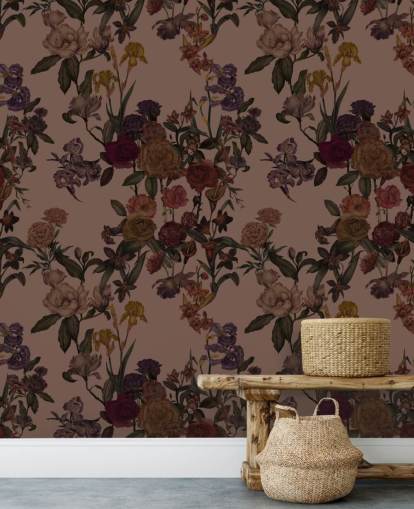 carta da parati murale floreale personalizzabile marrone chiamata Mocha Mousse Flower Garden di Karina Eibatova carta da parati murale floreale personalizzabile marrone chiamata Mocha Mousse Flower Garden di Karina Eibatova