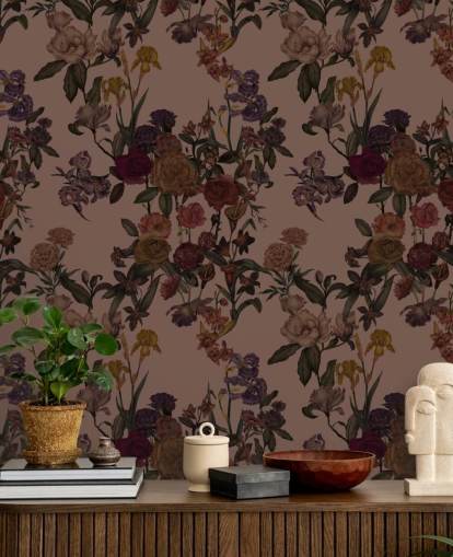 carta da parati murale floreale personalizzabile marrone chiamata Mocha Mousse Flower Garden di Karina Eibatova carta da parati murale floreale personalizzabile marrone chiamata Mocha Mousse Flower Garden di Karina Eibatova