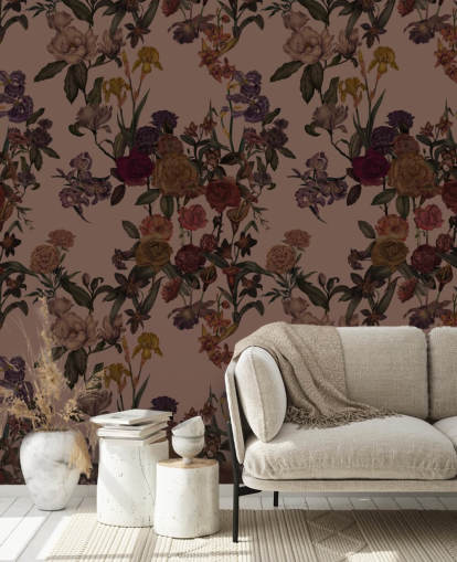 mural de papel de parede floral personalizável marrom chamado Mocha Mousse Flower Garden de Karina Eibatova