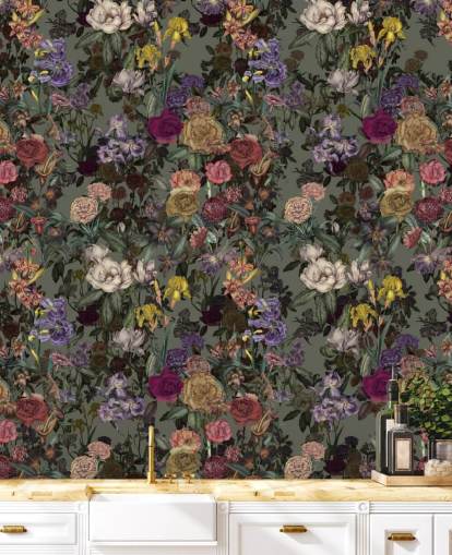 mural de pared verde personalizable con estampado floral llamado Light Green Flower Garden de Karina Eibatova