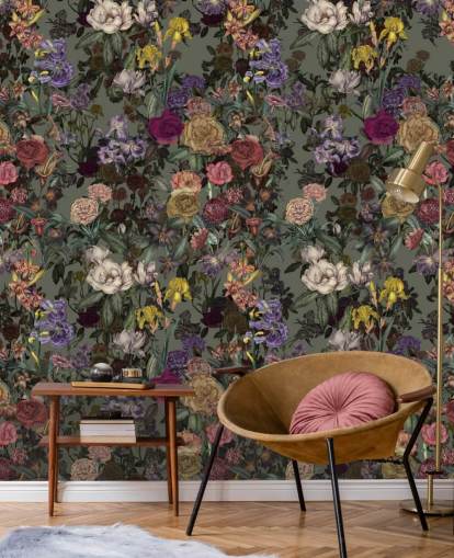 green customisable floral pattern wall mural called Light Green Flower Garden by Karina Eibatova