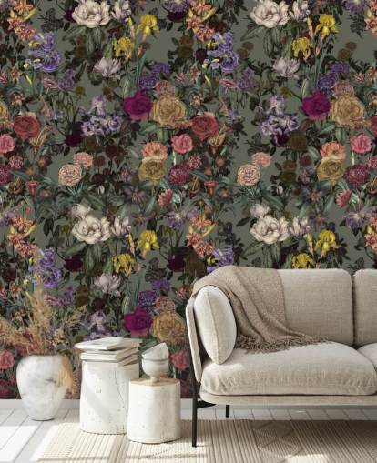 grünes personalisierbares Wandbild mit Blumenmuster namens Light Green Flower Garden von Karina Eibatova