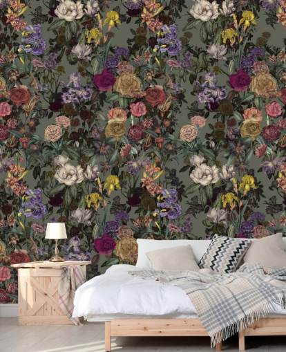 green customisable floral pattern wall mural called Light Green Flower Garden by Karina Eibatova