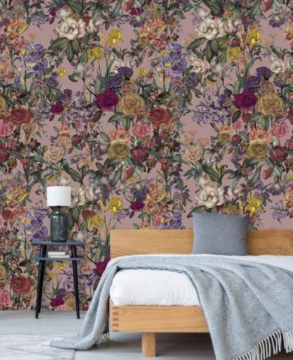 rosa anpassad blommig väggmålning som heter Pink Flower Garden av Karina Eibatova för sovrum rosa anpassad blommig väggmålning som heter Pink Flower Garden av Karina Eibatova för sovrum