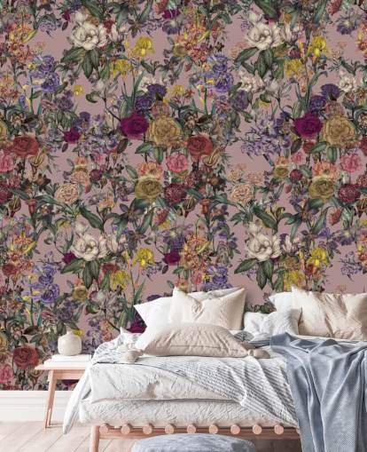 murale floreale personalizzato rosa chiamato Pink Flower Garden di Karina Eibatova per camere da letto murale floreale personalizzato rosa chiamato Pink Flower Garden di Karina Eibatova per camere da letto