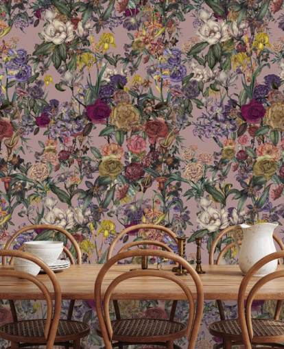 pink custom floral wall mural called Pink Flower Garden by Karina Eibatova for bedrooms