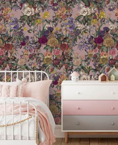 fresque murale florale personnalisée rose appelée Pink Flower Garden par Karina Eibatova pour les chambres