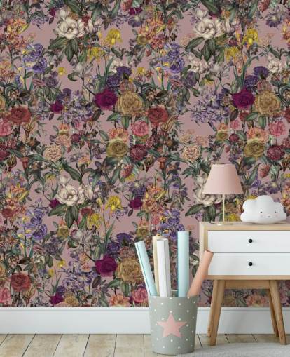 mural de pared floral personalizado rosa llamado Pink Flower Garden de Karina Eibatova para dormitorios mural de pared floral personalizado rosa llamado Pink Flower Garden de Karina Eibatova para dormitorios