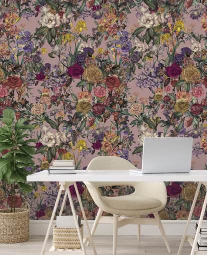 roze op maat gemaakte bloemenmuurschildering genaamd Pink Flower Garden van Karina Eibatova voor slaapkamers