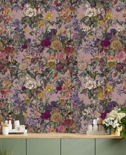 murale floreale personalizzato rosa chiamato Pink Flower Garden di Karina Eibatova per camere da letto