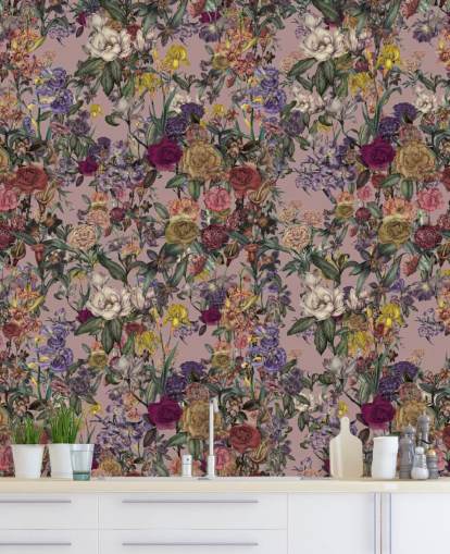 pink custom floral wall mural called Pink Flower Garden by Karina Eibatova for bedrooms