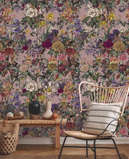 pink custom floral wall mural called Pink Flower Garden by Karina Eibatova for bedrooms