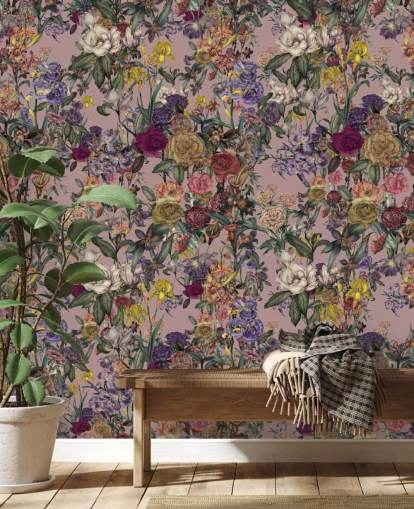 mural de pared floral personalizado rosa llamado Pink Flower Garden de Karina Eibatova para dormitorios