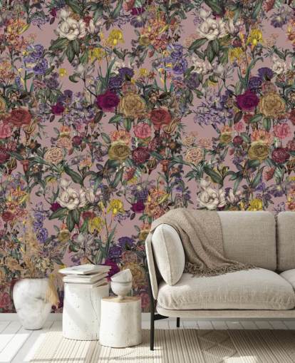 pink custom floral wall mural called Pink Flower Garden by Karina Eibatova for bedrooms