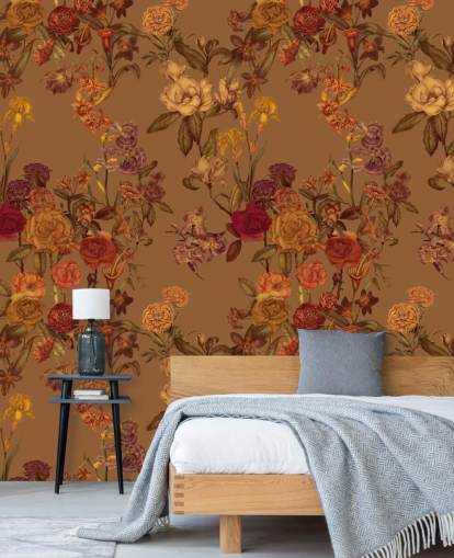 mural de papel pintado con estampado floral personalizado de color beige llamado Warm Beige Flower Garden de Karina Eibatova