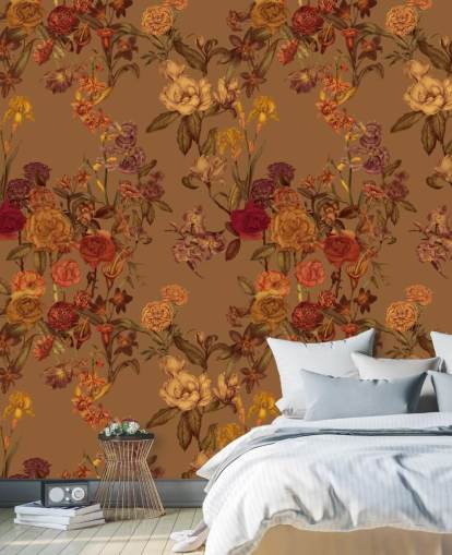 mural de papel pintado con estampado floral personalizado de color beige llamado Warm Beige Flower Garden de Karina Eibatova