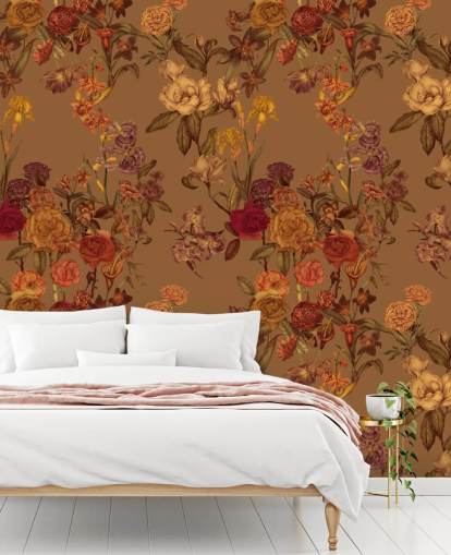 beige anpassad blommönster tapetväggmålning som heter Warm Beige Flower Garden av Karina Eibatova