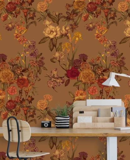 beige op maat gemaakte behangmuurschildering met bloemenpatroon genaamd Warm Beige Flower Garden van Karina Eibatova