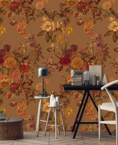 mural de papel de parede bege com padrão floral personalizado chamado Warm Beige Flower Garden de Karina Eibatova mural de papel de parede bege com padrão floral personalizado chamado Warm Beige Flower Garden de Karina Eibatova