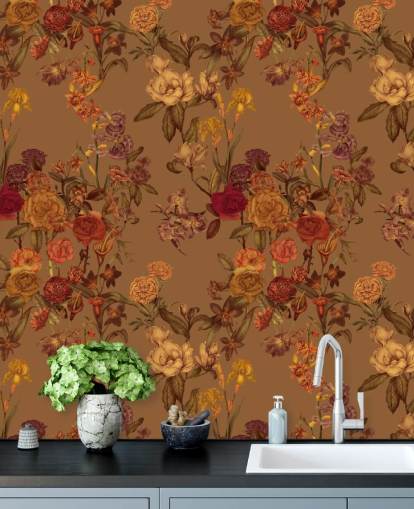 mural de papel pintado con estampado floral personalizado de color beige llamado Warm Beige Flower Garden de Karina Eibatova