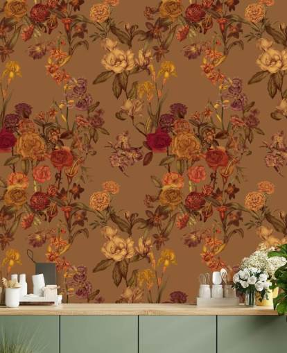 mural de papel pintado con estampado floral personalizado de color beige llamado Warm Beige Flower Garden de Karina Eibatova