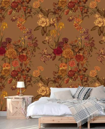 beige op maat gemaakte behangmuurschildering met bloemenpatroon genaamd Warm Beige Flower Garden van Karina Eibatova