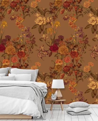 beigefarbenes Tapeten-Wandbild mit individuellem Blumenmuster namens Warm Beige Flower Garden von Karina Eibatova