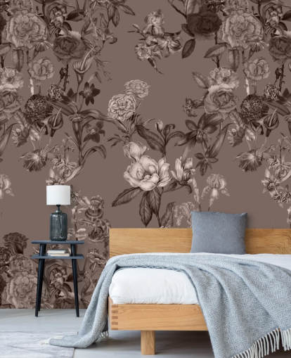 mural de padrão floral personalizado em sépia chamado Sepia Flower Garden, de Karina Eibatova, para quartos e salas de estar