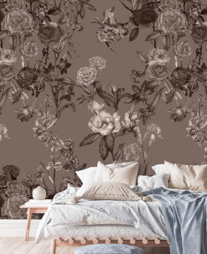 mural de padrão floral personalizado em sépia chamado Sepia Flower Garden, de Karina Eibatova, para quartos e salas de estar mural de padrão floral personalizado em sépia chamado Sepia Flower Garden, de Karina Eibatova, para quartos e salas de estar