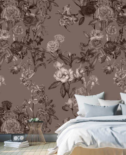 sepia op maat gemaakte muurschildering met bloemenpatroon genaamd Sepia Flower Garden van Karina Eibatova voor slaapkamers en woonkamers