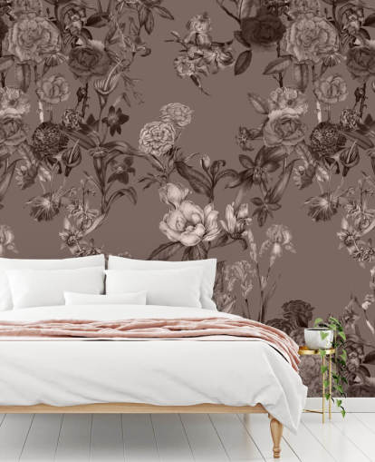 sepia anpassad blommönster väggmålning kallad Sepia Flower Garden av Karina Eibatova för sovrum och vardagsrum