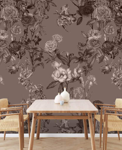 Sepia-Wandbild mit individuellem Blumenmuster namens Sepia Flower Garden von Karina Eibatova für Schlafzimmer und Wohnzimmer