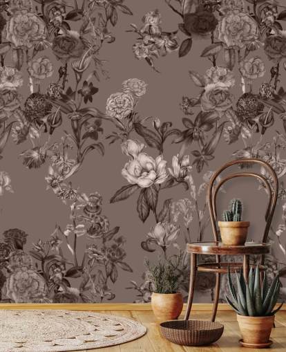 sepia anpassad blommönster väggmålning kallad Sepia Flower Garden av Karina Eibatova för sovrum och vardagsrum