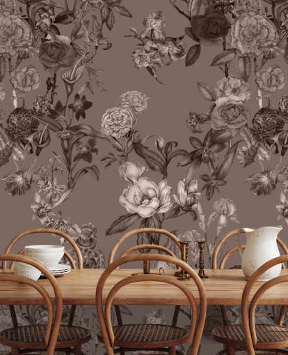 sepia brugerdefineret blomstermønster vægmaleri kaldet Sepia Flower Garden af Karina Eibatova til soveværelser og stuer sepia brugerdefineret blomstermønster vægmaleri kaldet Sepia Flower Garden af Karina Eibatova til soveværelser og stuer