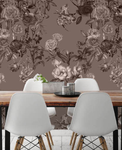 sepia anpassad blommönster väggmålning kallad Sepia Flower Garden av Karina Eibatova för sovrum och vardagsrum