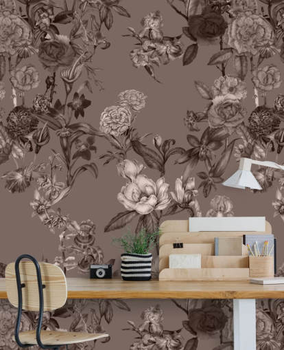 sepia op maat gemaakte muurschildering met bloemenpatroon genaamd Sepia Flower Garden van Karina Eibatova voor slaapkamers en woonkamers