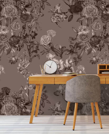 murale con motivi floreali personalizzati color seppia chiamato Sepia Flower Garden di Karina Eibatova per camere da letto e salotti