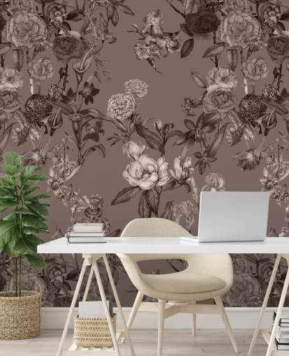mural de padrão floral personalizado em sépia chamado Sepia Flower Garden, de Karina Eibatova, para quartos e salas de estar