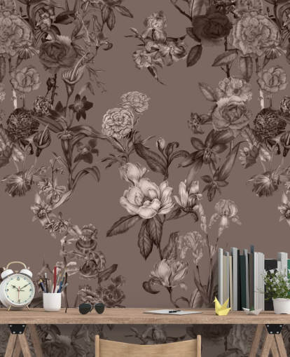 mural de estampado floral personalizado en sepia llamado Sepia Flower Garden de Karina Eibatova para dormitorios y salas de estar