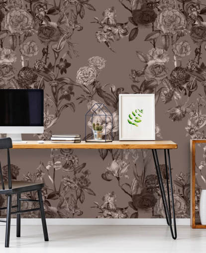 mural de estampado floral personalizado en sepia llamado Sepia Flower Garden de Karina Eibatova para dormitorios y salas de estar