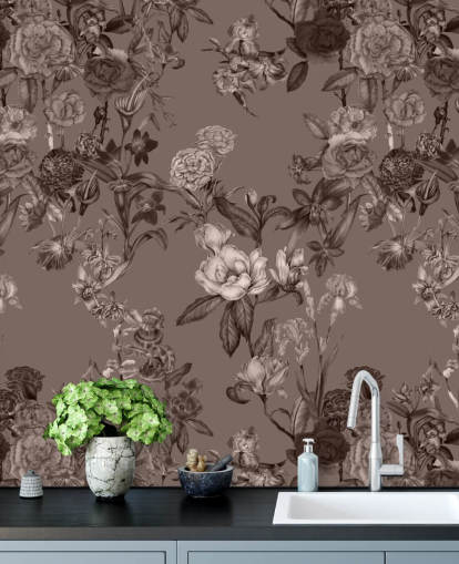 peinture murale à motif floral personnalisé sépia appelée Sepia Flower Garden par Karina Eibatova pour les chambres et les salons peinture murale à motif floral personnalisé sépia appelée Sepia Flower Garden par Karina Eibatova pour les chambres et les salons