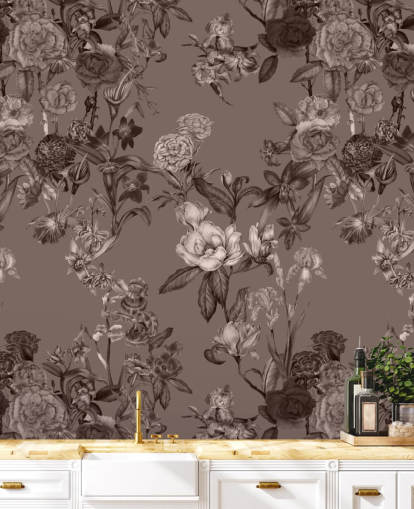 mural de estampado floral personalizado en sepia llamado Sepia Flower Garden de Karina Eibatova para dormitorios y salas de estar