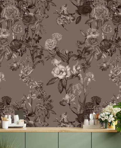 sepia custom floral pattern mural called Sepia Flower Garden by Karina Eibatova for bedrooms and living rooms
