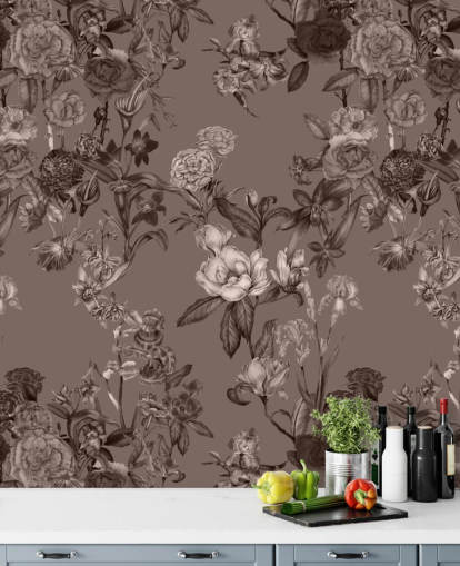 mural de estampado floral personalizado en sepia llamado Sepia Flower Garden de Karina Eibatova para dormitorios y salas de estar