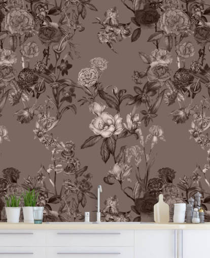 sepia custom floral pattern mural called Sepia Flower Garden by Karina Eibatova for bedrooms and living rooms
