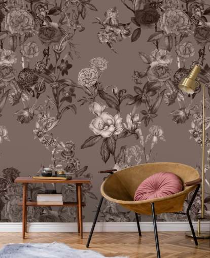 murale con motivi floreali personalizzati color seppia chiamato Sepia Flower Garden di Karina Eibatova per camere da letto e salotti