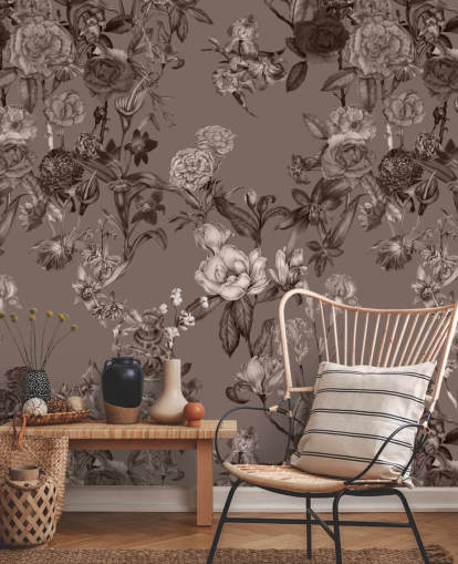 sepia brugerdefineret blomstermønster vægmaleri kaldet Sepia Flower Garden af Karina Eibatova til soveværelser og stuer