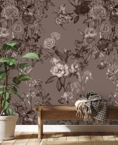 mural de padrão floral personalizado em sépia chamado Sepia Flower Garden, de Karina Eibatova, para quartos e salas de estar mural de padrão floral personalizado em sépia chamado Sepia Flower Garden, de Karina Eibatova, para quartos e salas de estar