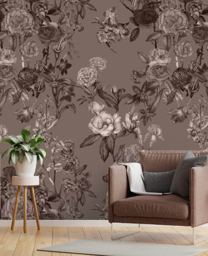 mural de estampado floral personalizado en sepia llamado Sepia Flower Garden de Karina Eibatova para dormitorios y salas de estar mural de estampado floral personalizado en sepia llamado Sepia Flower Garden de Karina Eibatova para dormitorios y salas de estar