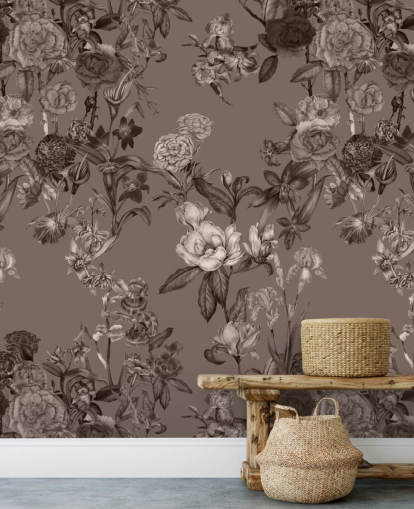 peinture murale à motif floral personnalisé sépia appelée Sepia Flower Garden par Karina Eibatova pour les chambres et les salons peinture murale à motif floral personnalisé sépia appelée Sepia Flower Garden par Karina Eibatova pour les chambres et les salons